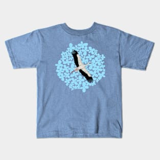 Stork and flowers on blue background Kids T-Shirt